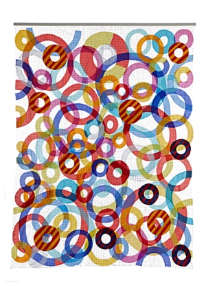 Freie Arbeit „Hommage à Sonja Delaunay“, sich überlagernde Seiden- und Baumwollringe, genäht, Maße ca. 150 x 190 cm Freie Arbeit „Hommage à Sonja Delaunay“, sich überlagernde Seiden- und Baumwollringe, genäht, Maße ca. 150 x 190 cm