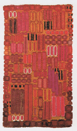Wandbehang, 1973 (dat.), signiert „loho“ , Applikation, Maschinenstickerei Gefranste „Fleckle“, 43,5 x 76,5 cm, Privatbesitz © Badisches Landesmuseum Karlsruhe, Fotograf: Thomas Goldschmidt Wandbehang, 1973 (dat.), signiert